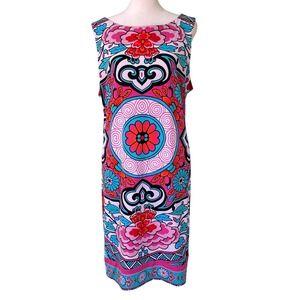 Nicole Miller Blue Pink Abstract Floral Geometric Shift Dress Sleeveless Size XL